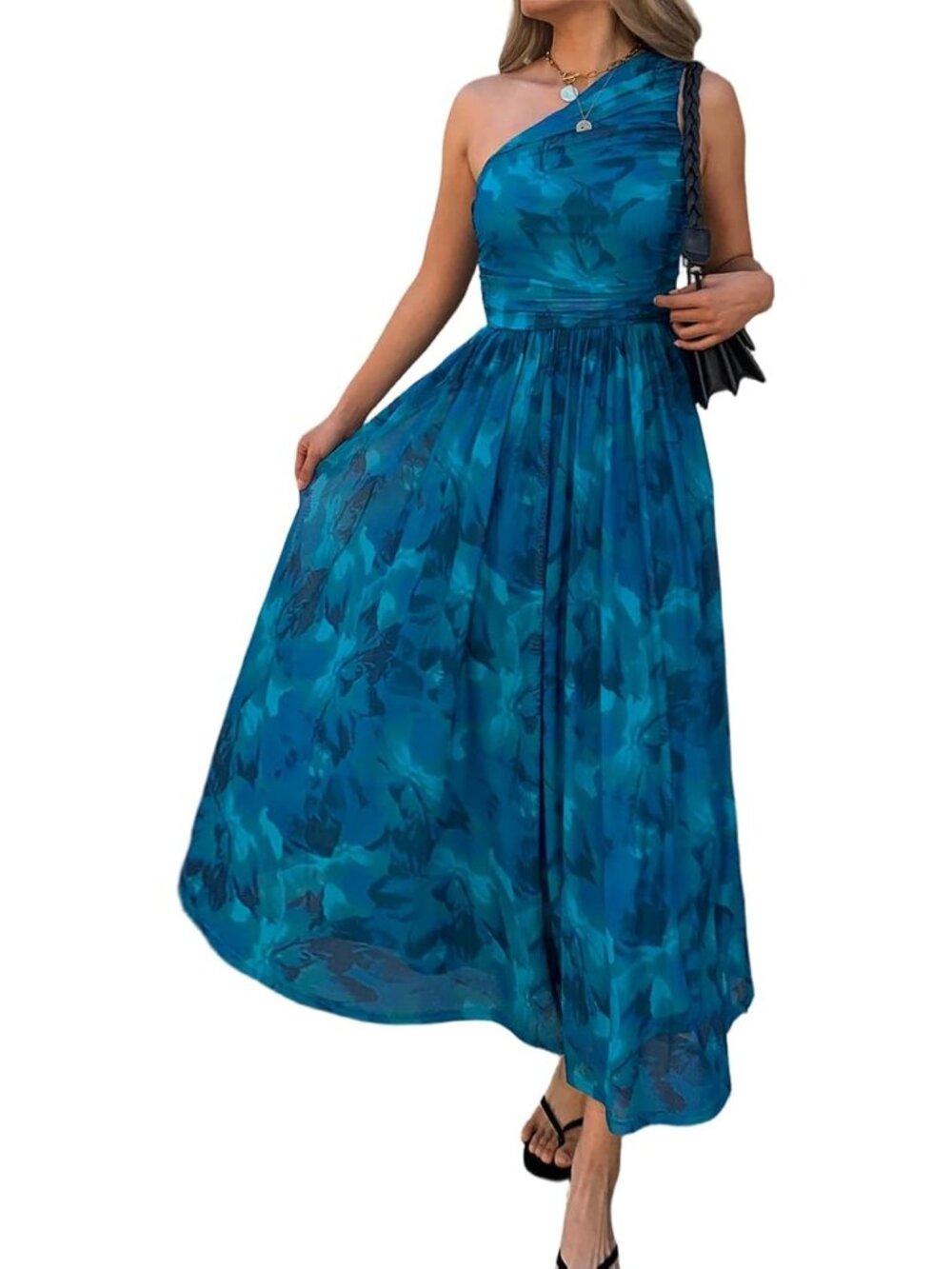 Women's Blue Summer Boho Beach One Shoulder Floral Wedding Guest Maxi Dresses